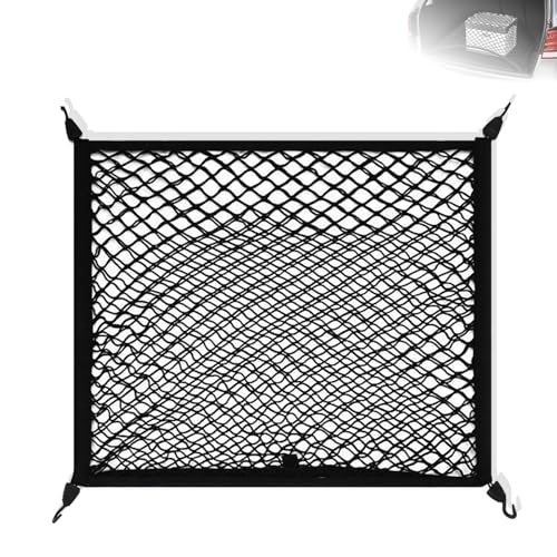 JIHXYER Rete bagagli per auto, 80 x 60 cm, allungabile fino a 160 x 120 cm, rete elastica per bagagliaio con 4 ganci, organizer nero in rete per il fissaggio dei bagagli