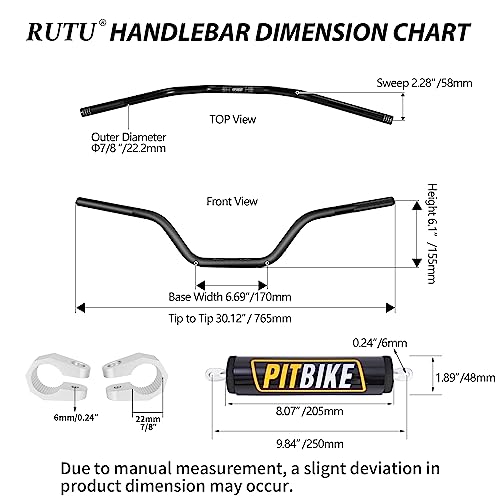 Image of Handlebars 7 /8 Inch for Motorcycle,RUTU Upgraded Universal Dirt Bike Handle Bar with Crossbar Pad Mid-Rise Mini Bike Pit Bike Handlebar for Motocross ATV Quad - Black