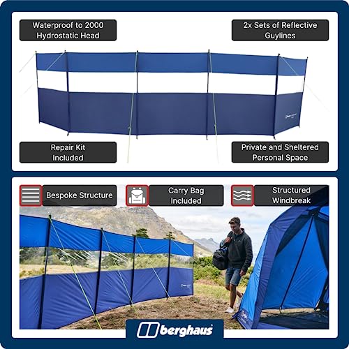 Berghaus Windstop with Clear Window Panels and Reflective Guylines, 5 Panel, 6 Metre, Waterproof, Structured Windbreak from the Air Tent Collection, Camping Equipment, 2000mm HH, Blue - Image 5