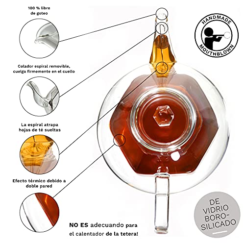 Creano Tetera de Vidrio de Doble Pared "Diseño de Diamante" con Tamiz en Espiral y Tapa de Vidrio, sin Goteo | 800ml - Imagen 4
