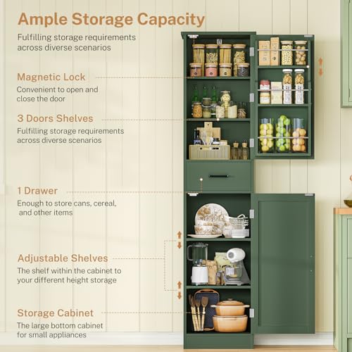 Image of TEENFON Kitchen Pantry Cabinet with 3 Door Shelves & 1 Drawer, Narrow Bathroom Cabinet with Adjustable Shelves, Tall Storage Cabinet for Living Room, Bathroom, Entryway, Green