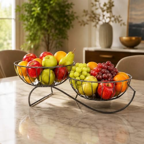 Image of Go Hooked Metal Dual Fruit Basket for Kitchen Counter & Dining Table | Decorative Wire Fruit Bowl with Curved Base | Multipurpose Storage Basket for Fruits, Bread, Snacks & Tabletop (L47xW18xH17) cm