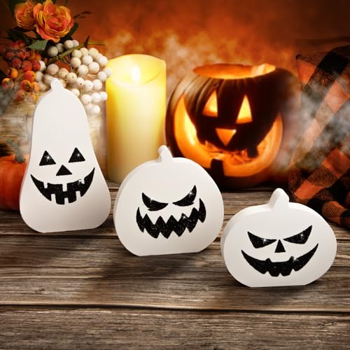 COCHIE J-O-Lantern Pumpkin Halloween Table Decorations Indoor, Wooden Tiered Tray Decor Set, Wood Pumpkins Signs Bat Halloween Party Home Shelf Decoration