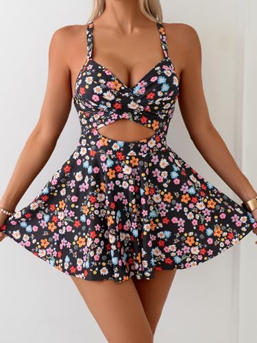 Image of B2prity Women Cutout One Piece Skirt Swimsuit V Neck Wrap Tie Back Swimdress Tummy Control Bathing Suits Slimming Swimwear