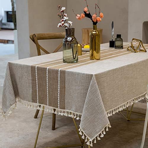 TEWENE Tablecloth, Rectangle Table Cloth Cotton Linen Wrinkle Free Anti-Fading Embroidery Tablecloths Washable Dust-Proof for Tabletop Decoration (Rectangle/Oblong, 55''x86'',6-8 Seats, Light Coffee)