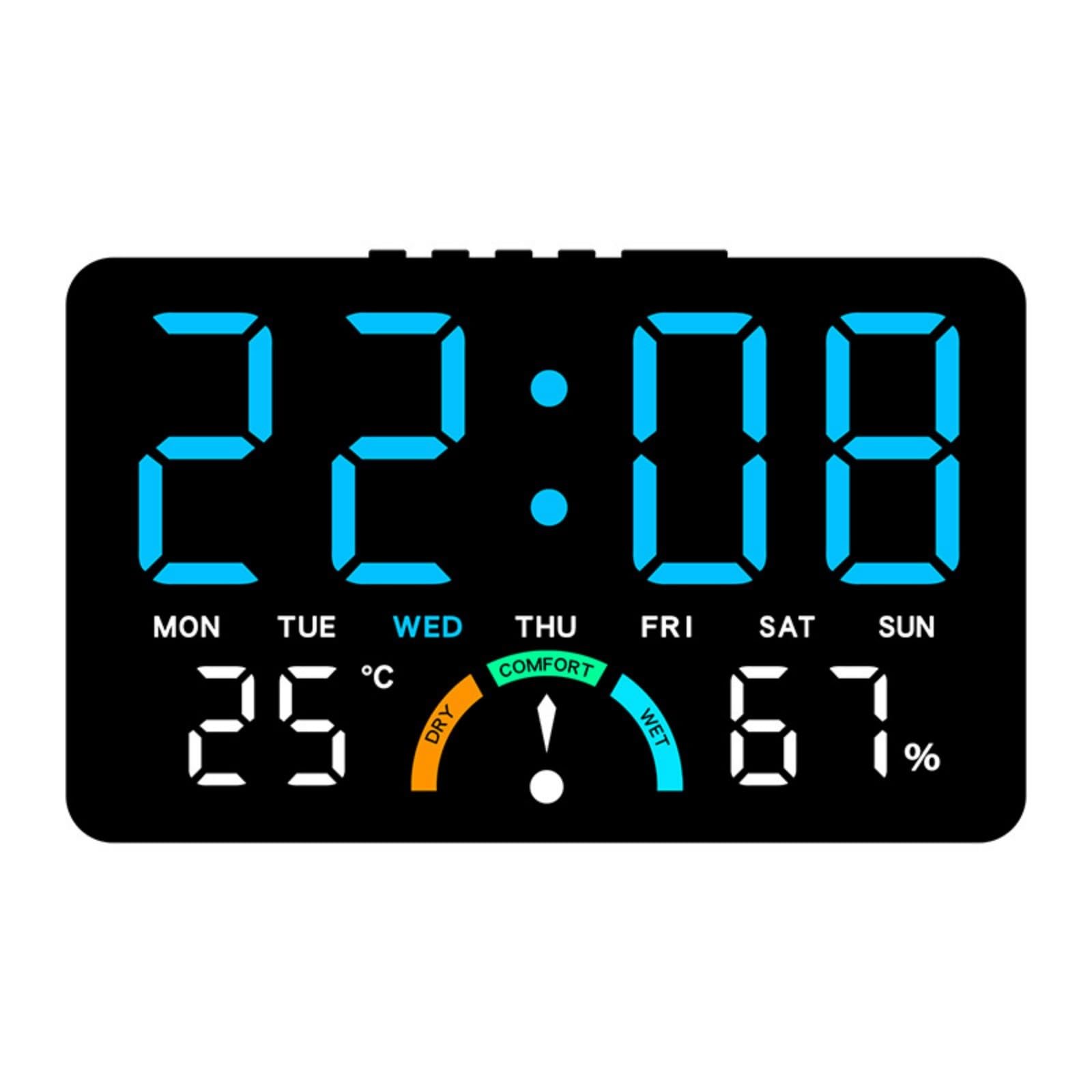Jazuaiao Black Shell Blue Lig Large Led Digital Clock With Temp Humidity Alarm, Adjustable Brightness For Home Environment Indoor Environment Monitor Clock