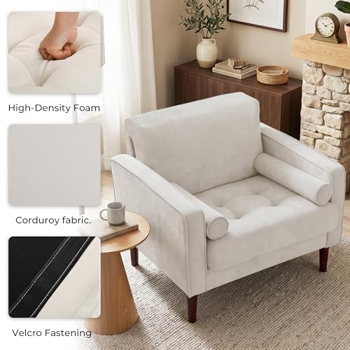 Image of Accent Chairs Stet of 2, Chenille Upholstered Armchairs for Living Room, Comfy Single Sofa Bedroom Reading Seat with 2 Bolster Pillows, Beige