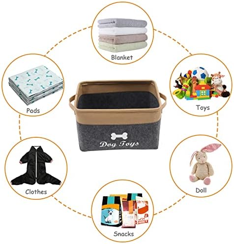 Geyecete Dog Toys Box Storage Bins Basket-Pet Toy and Accessory Storage Bin,Foldable felt Organizer Storage Basket for Pet Toys,Blankets-Gray/Khaki