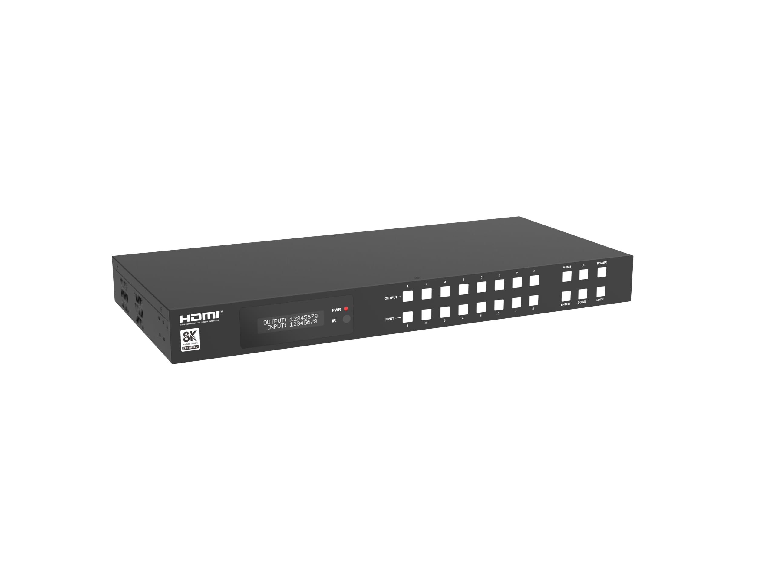 8x8 8K HDMI Matrix Switch 8K60Hz YCbCr 4:2:0 10bit. HDMI 2.1 y HDCP 2.3. Conmutación rápida. Reducción de escala y desincrustación de audio. Diseño de montaje en rack 1U.