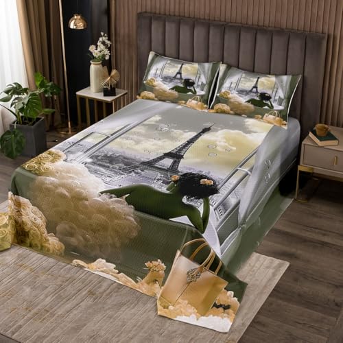 Erosebridal Gold Paris Twin Quilt,Eiffel Tower French Style Bedding Set for Girls Kids,African American Black Girl Quilts Bed Set,Gold Rose Floral Coverlet Bedroom Decor,1 Pillowsham