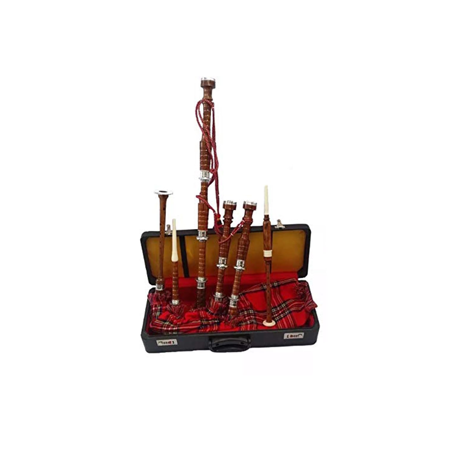 Großartiges Dudelsack-Set aus Rosenholz mit Übungspfefferblättern, Nickel-Silber-Halterungen und Hartschalenkoffer.