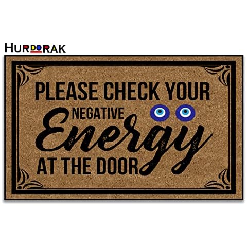 Hurdorak Doormat Please Check Your Negative Energy at The Door Welcome Mats for Front Door Mat Non Slip Mats Indoor Decor Bathroom Mat Entrance Rug, 23.6 X 15.7 Inches, 6mm Thick Cover