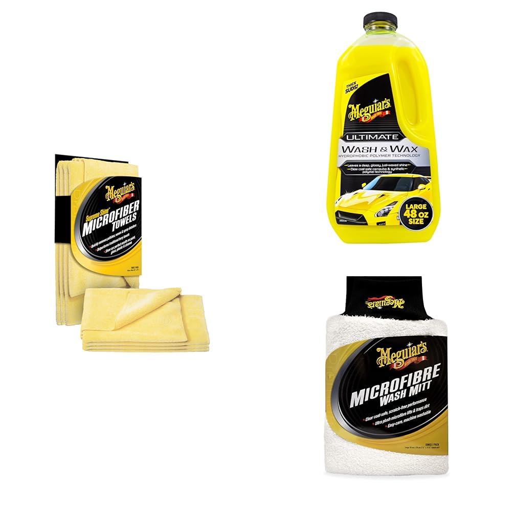 Meguiar's X2020EU Serviettes Microfibre Nettoyage Voiture (3 Pièces), Jaune - avec Lavage & Cire Voiture Ultimate & Gant Lavage Microfibre Épais