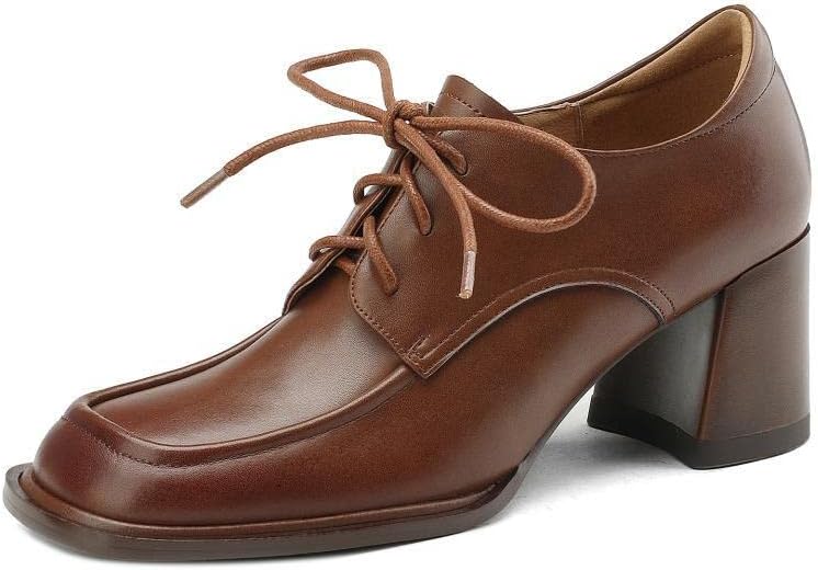 TinaCus Handmade Women's Genuine Leather Square Toe Mid Block Heel Oxford Shoes