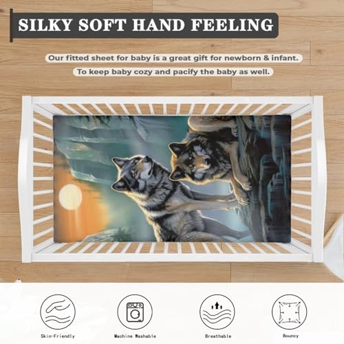Image of Wolf Moon Crib Sheets for Boys, Baby Bed Sheet Set 28 inchX52 inch Standard Crib Mattress Soft Nursery Bed Sheet for Standard Crib and Toddler Mattress