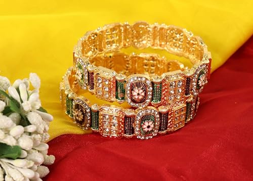 Image of NMII Royal Golden Metal Bangles Set For Women & Girls with Zircon Diamond Stone | Traditional Gold Plated Kangan Set | Fancy Women's Fashion Jewellery Bangles | Wedding, Party, Festive- Set of 2