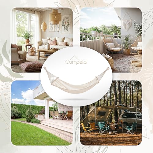Campela Doppelhängematte mit Spreizstäben – 200 x 150 cm, 240 kg – Baumwoll-Polyester, Boho Beige – für Garten, Balkon, Terrasse und Camping – inkl. Tragetasche und Montageset