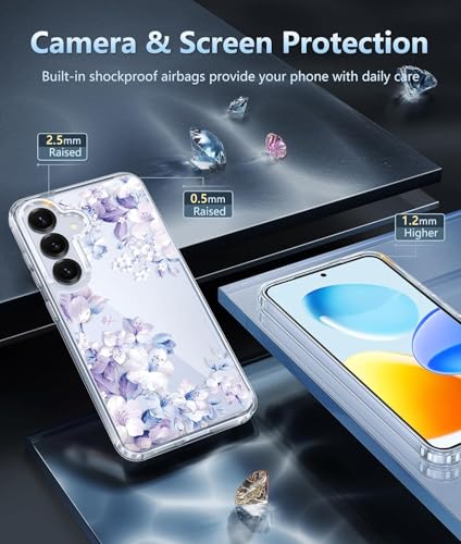 Image of Elzzi Clear Transparent Flower Cover for Samsung S25 5g Case Shockproof Floral Design Full Camera Protection Shockproof PC+TPU Covers Transparent Flower Cover for Girls & Women 2025 6.2 inch (Purple)