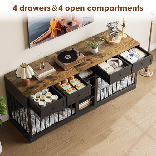 GarveeHome 82” Double Dog Crate Furniture, Large Dog Kennel Indoor for 2 Dogs, Heavy Duty Wooden Dog Crate TV Stand with 4 Drawers and Shelves, Black