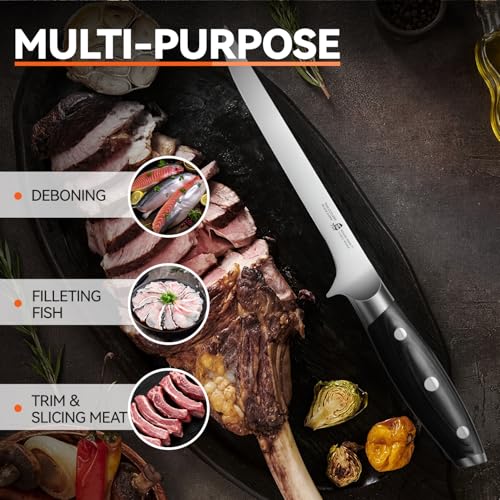 TUO Boning & Filleting Knife 7 Inch German High Carbon Stainless Steel Kitchen Fish Knife, Full Tang Pakkawood Handle Black Hawk Series - Image 7
