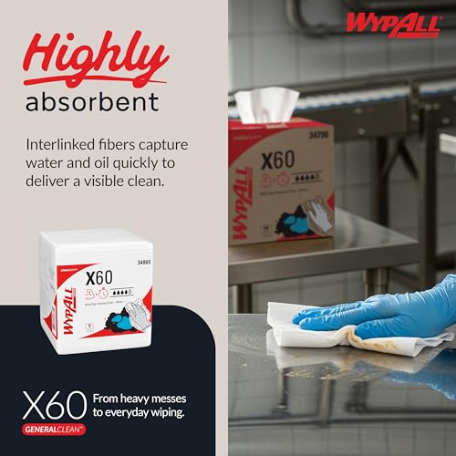 Image of WypAll GeneralClean X60 Cloths Multi-Task Cleaning Wipes (34865), Quarterfold, Strong and Absorbent Towels, White (12 Packs of 76 Sheets, 912 Sheet Total)