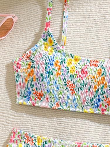 Image of MAKEMECHIC Girl's Ditsy Floral Print 2 Piece Bikini Set Scoop Neck Ruched Triangle Beach Bathing Suit