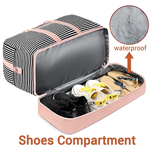 Image of Weekender Bag for Women, Large Overnight Bag Canvas Travel Duffel Bag Carry On Tote with Shoe Compartment 21 inch 3Pcs Set, A07-pink+black & white stripes, Large, Practical