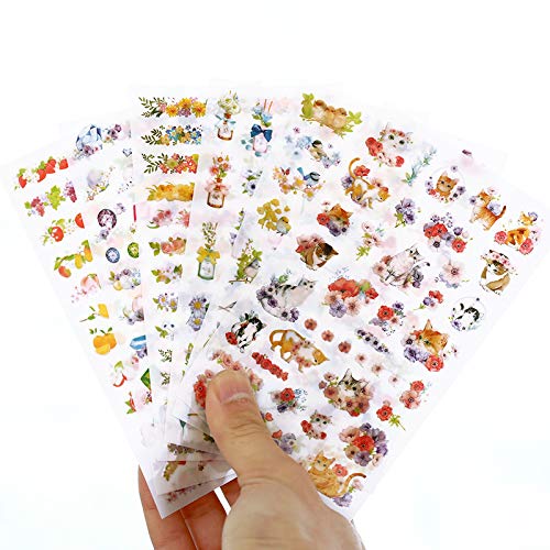 TOSSPER 6 Pcs/Set Lindos Gatos Flores Dibujos Animados Animales Pegatina PVC Pegatinas De Dibujos Animados Diario Pegatina Scrapbook Decoración Etiquetas De Papelería Estilo Aleatorio