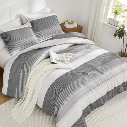 Edredón Queen de microfibra premium Litanika acolchado gris oscuro de 3 piezas 5