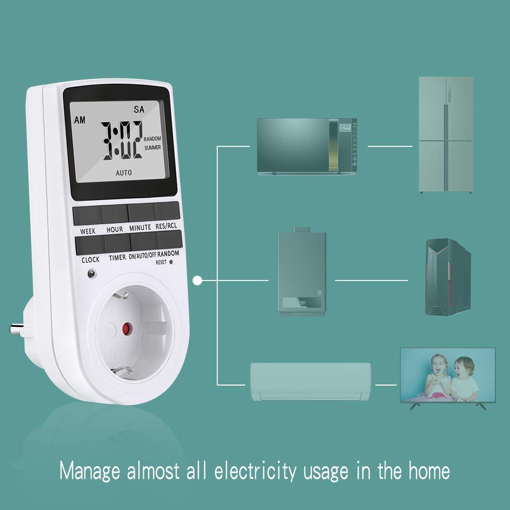 Zeitschaltuhr Steckdose, LCD Zeitschaltuhr Digitale Elektronische Steckdose mit 10 konfigurierbaren Schaltprogramme und Anti-Theft-Modus, Timer Steckdose, Timer Schalter, für Beleuchtung, Lüfter usw.
