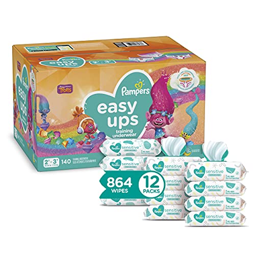 Pampers Easy Ups and Baby Wipes - Pull On Disposable Potty Training Underwear for Girls and Boys, Size 4 (2T-3T), 140 Count with Sensitive Wipes, 12X Pop-Top Packs, 864 Count (Packaging May Vary)