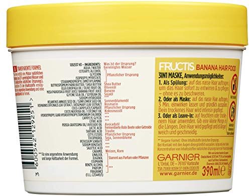 Foto von Garnier Haarmaske, Pflegendes Banana Hair Food, Hairfood feuchtigkeitsspendende 3in1 Maske, für trockenes Haar, pflegt und verleiht dem Haar mehr Geschmeidigkeit, Fructis, 390 ml