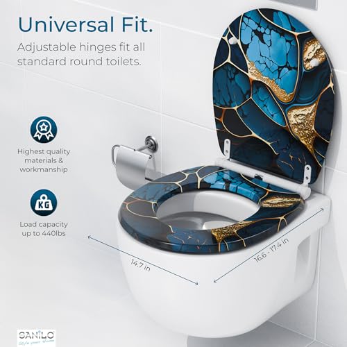 Image of Sanilo Wooden Toilet Seat with Quick Release & Soft Close [ROUND] - Decorative & Slow Close Molded Wood Seat - With One Click for Easy Installation & Cleaning - With Adjustable Fit (Marble Cobalt)
