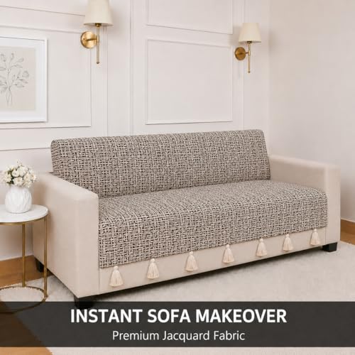 Image of STITCHNEST 'Nomad Weave Collection' 2 Seater Sofa Cover - Full Coverage| Elegant Jacquard Fabric, Decorative Tassels, Washable & Durable for Modern Living16