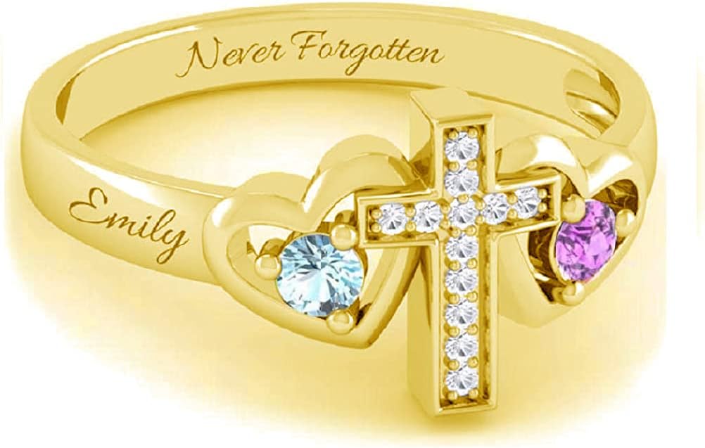 Mothers Day Gifts for Mom Women Solid 10K 14K 18K Gold Mother Rings for Women Personalized Mother Ring with 2 Simulated Birthstones and Names Customized Gold Engraved Family Name Rings for Mother Grandmother Women Wife Birthday Mother's Day Gift