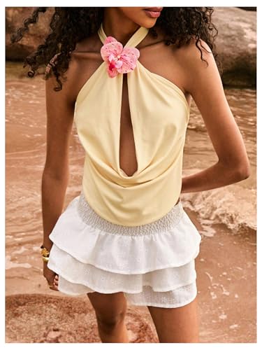 Milumia Women's 3D Floral Draped V Neck Halter Top Tie Backless Summer Tops4