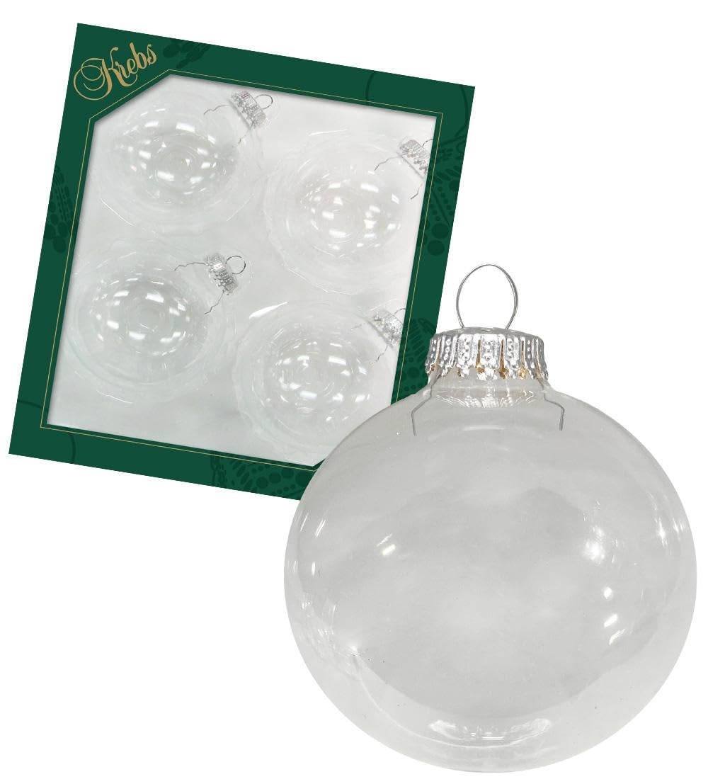 Dekohelden24 Lauschaer Christbaumschmuck - Baumkugeln aus Lauscha, Christbaumkugeln klar Lauscha, 4er Set Bastel - Kugeln uni klar, 8 cm, mit silbernem Krönchen + 50 Schnellaufhänger in Silber gratis.