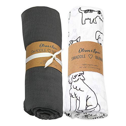 Image of Oliver & Rain Organic Muslin Baby Boy Girl Unisex Swaddle Blankets 2 Pack Receiving Blankets Puppy Print