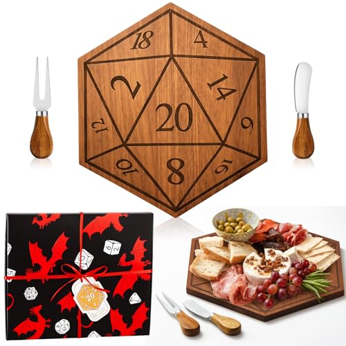 Tabla de cortar estilo D20 de madera con cuchillos miniatura 1
