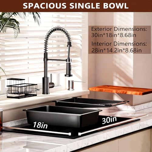 Image of Black Drop In Kitchen Sink: 30in Stainless Steel single bowl Workstation | 8.68 Spacious Single Basin Speeds Up Post Feast Cleanup For Heavy Cooking Homemakers Via 7-Piece Accessories Combo