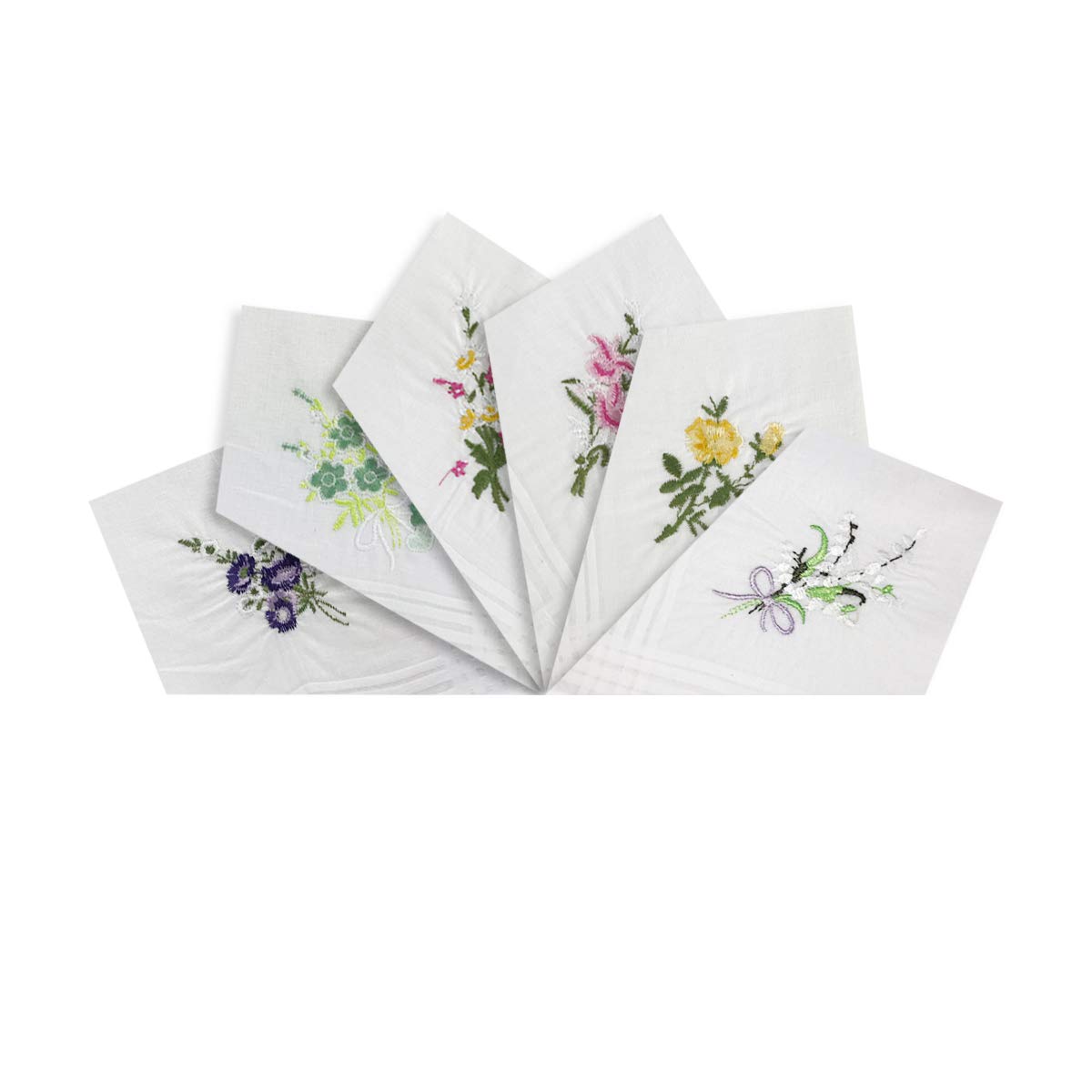Warwick & Vance Pack Of 6 Womens/Ladies White Handkerchiefs, Floral Embroidered Collection With Satin Stripe Borders, 100% Cotton, 29 x 29cm