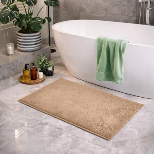 Image of Welspun Arlo Bathroom Mat Anti Slip | Soft Absorbent Bathmat | Quick Dry Polyester Floor Mat for Bathroom | Anti Skid Bathmat | Machine Washable | 40 x 60 cm | Beige