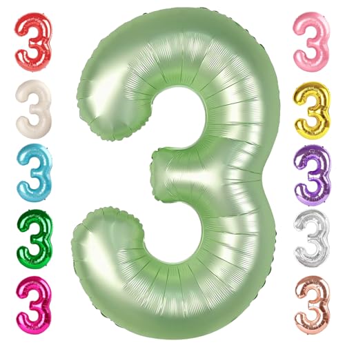 Image of 3 Balloon Numbers Birthday Decorations, 40In Sage-Green Balloons for Party | Eye-catching Appearance, Perfect Decorative Centerpieces, Convenient Self-sealing Structure, Widely for Various Occasions