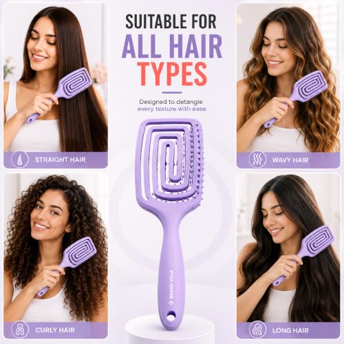 Image of BRAND VILLA Detangling Hair Brush for Women & Men | Anti Hair Fall Comb for Wet & Dry Hair | Flexible Vent Paddle Brush with Scalp Massager | Frizz Control for Curly, Straight, Thick, Long & Wavy Hair (Purple)
