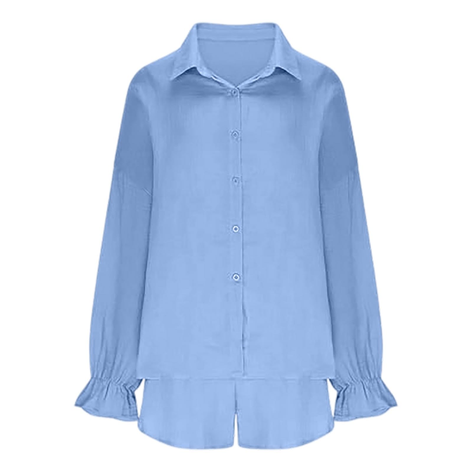 Lässiges, knittriges Langarmhemd und hochgeschnittene Shorts – modisches -Zweiteiler-Outfit # L