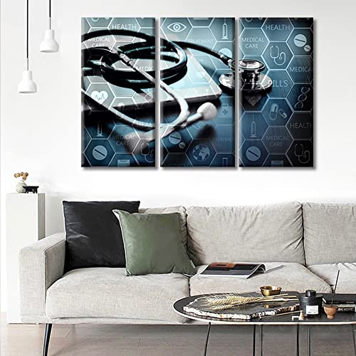 Image of TUMOVO 3 Panel Poster Medical Network Black and White Wall Art Medicine Concept with Modern Laptop Pictures Wall Decor for Living Room Medical Wall Decor for Bedroom Framed Ready to Hang (36 inch Wx24 H)