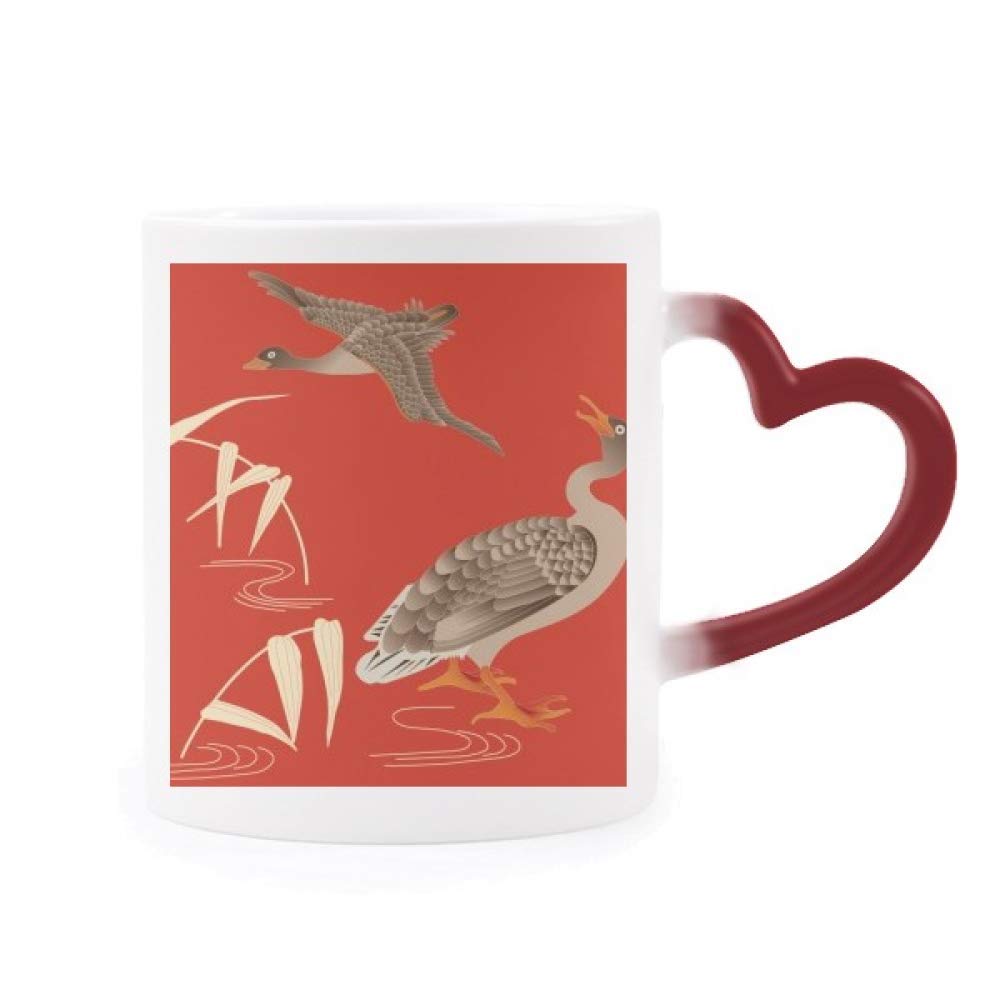 Taza sensible al calor roja con diseño de cultura japonesa y hojas de otoño