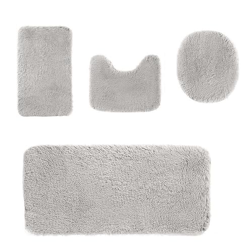 Heavyoff Badematte Set 4 teilig, Waschbar Badezimmerteppich, rutschfeste Badematte Toilettenmatte,Weich Saugfähige Badteppiche und WC Vorleger Duschvorleger, Hellgrau