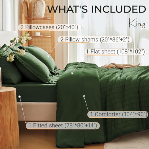 Image of MUXHOMO 7 Pieces King Comforter Set, Seersucker Bed in a Bag King Size, All Season Luxury Bedding Set with Comforter, Flat Sheet, Fitted Sheet, Pillowcases & Shams, Dark Green