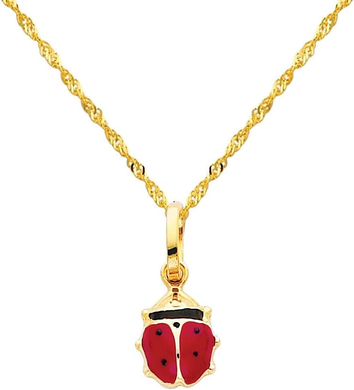 The World Jewelry Center 14k Yellow Gold Lady Bug Enamel Pendant with 1.2mm Singapore Chain Necklace